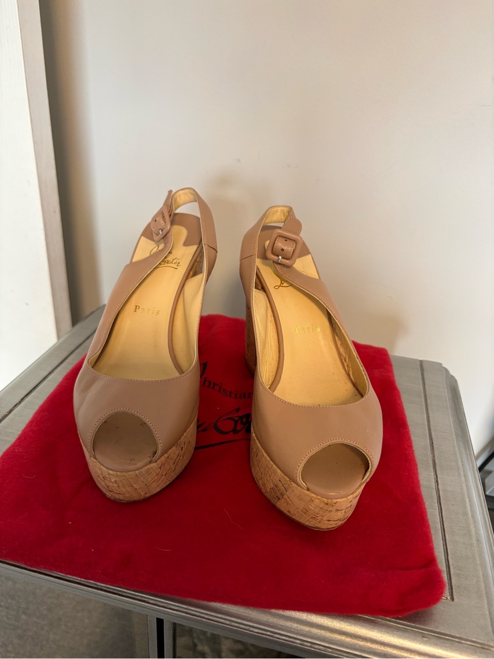 Christian Louboutin Taupe Leather Cork Platform Peep-Toe Slingbacks